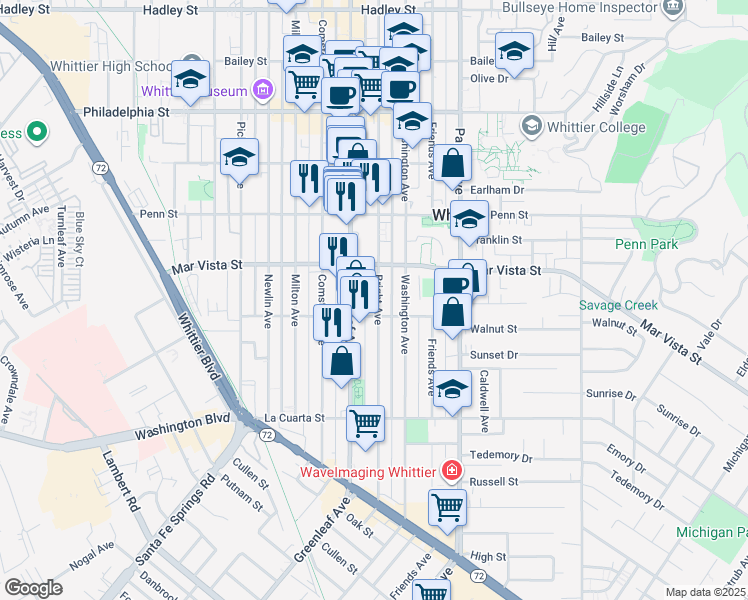 map of restaurants, bars, coffee shops, grocery stores, and more near 7641 Bright Avenue in Whittier