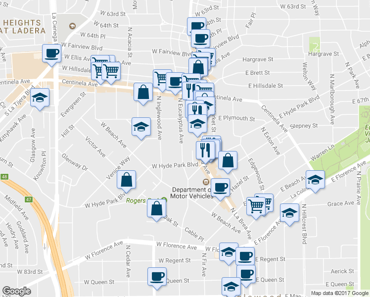 map of restaurants, bars, coffee shops, grocery stores, and more near 730 North Eucalyptus Avenue in Inglewood