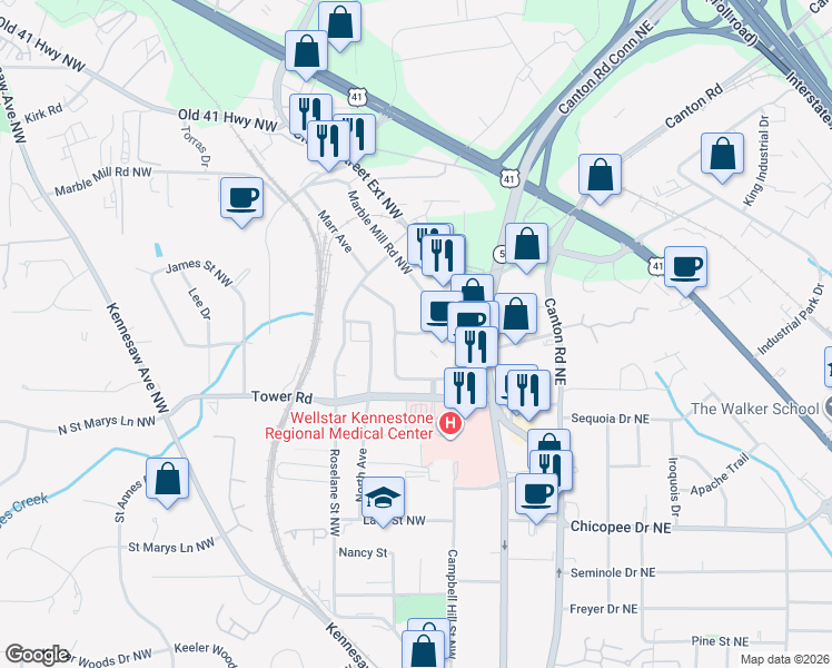 map of restaurants, bars, coffee shops, grocery stores, and more near 115 Florence Street in Marietta