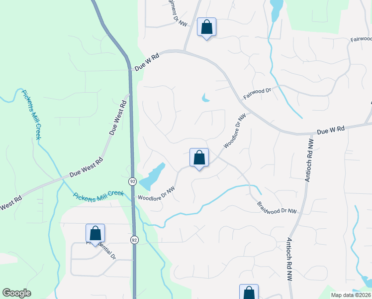 map of restaurants, bars, coffee shops, grocery stores, and more near 6313 Braidwood Overlook Northwest in Acworth