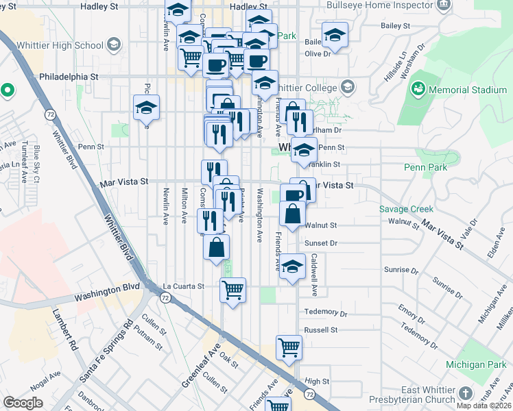 map of restaurants, bars, coffee shops, grocery stores, and more near 7657 Washington Avenue in Whittier