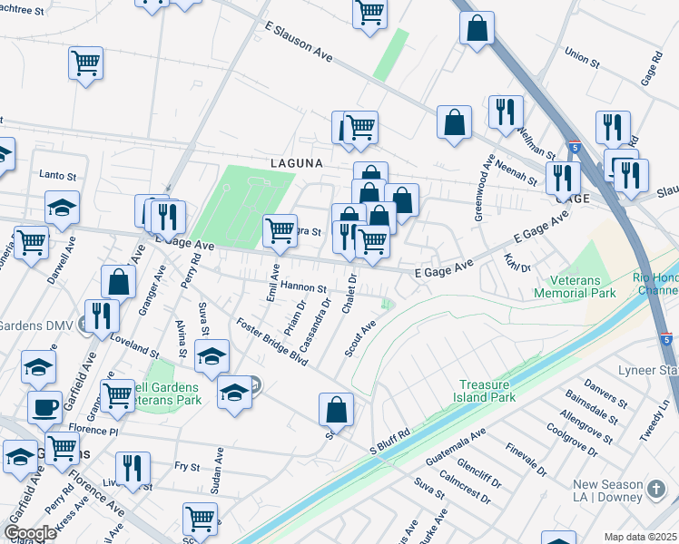 map of restaurants, bars, coffee shops, grocery stores, and more near 6420 Chalet Drive in Bell Gardens