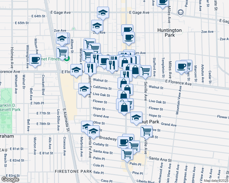map of restaurants, bars, coffee shops, grocery stores, and more near 2523 Live Oak Street in Huntington Park