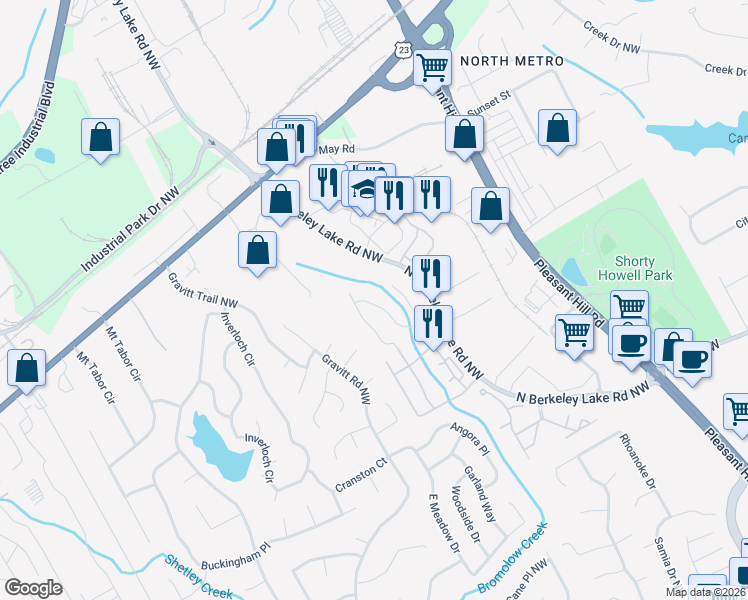 map of restaurants, bars, coffee shops, grocery stores, and more near 4080 Howell Park Road in Duluth