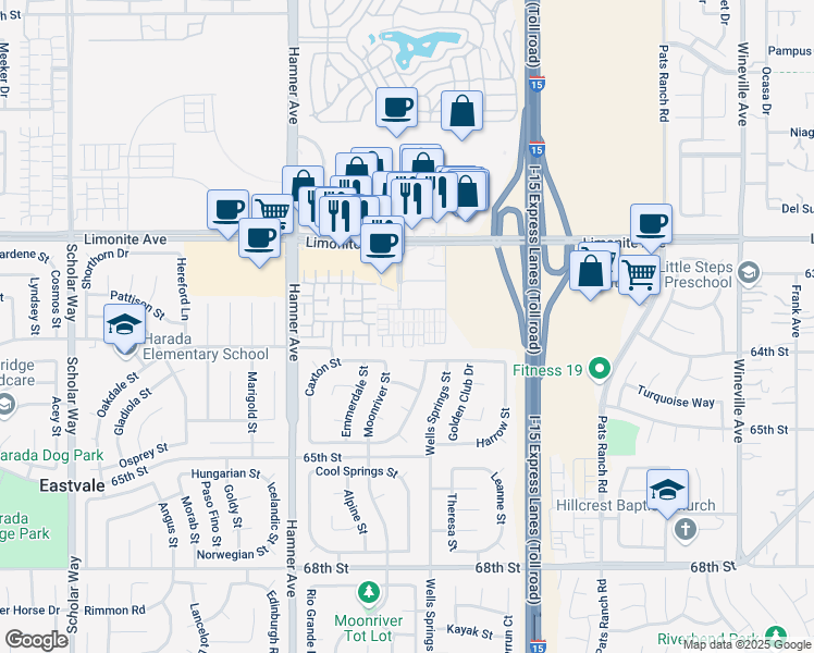 map of restaurants, bars, coffee shops, grocery stores, and more near 6357 Boots Court in Eastvale