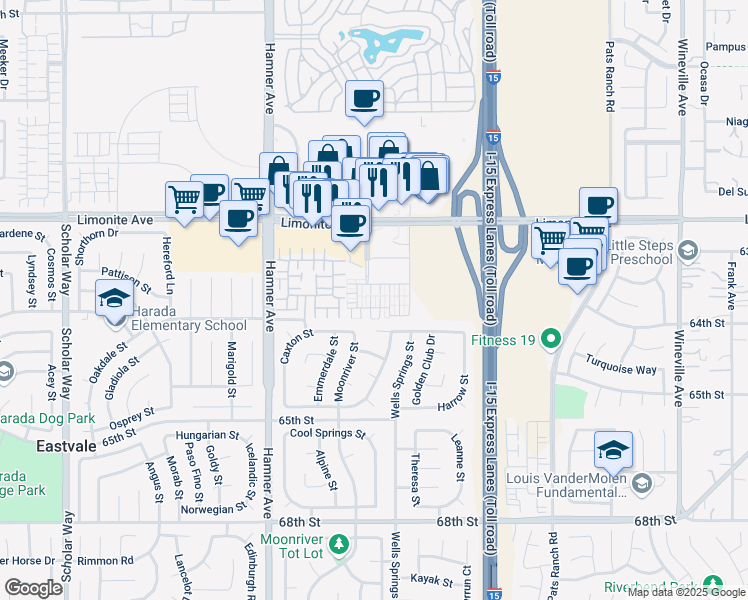 map of restaurants, bars, coffee shops, grocery stores, and more near 6357 Boots Court in Eastvale