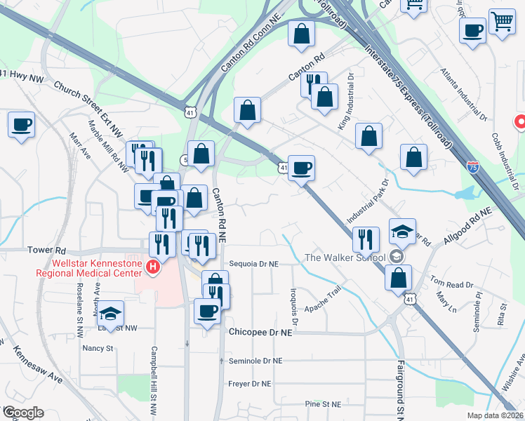 map of restaurants, bars, coffee shops, grocery stores, and more near 820 Canton Road in Marietta