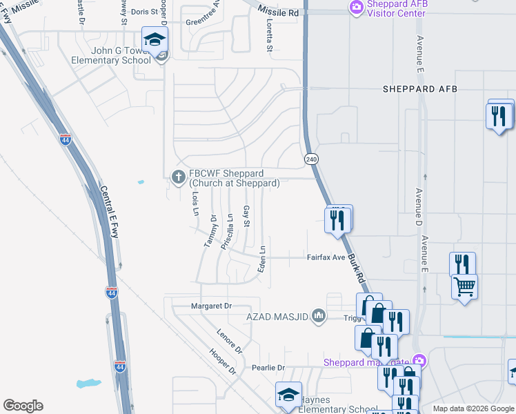 map of restaurants, bars, coffee shops, grocery stores, and more near 4721 Gay Street in Wichita Falls