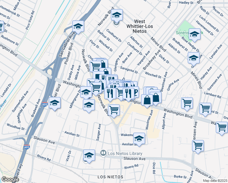 map of restaurants, bars, coffee shops, grocery stores, and more near in Whittier
