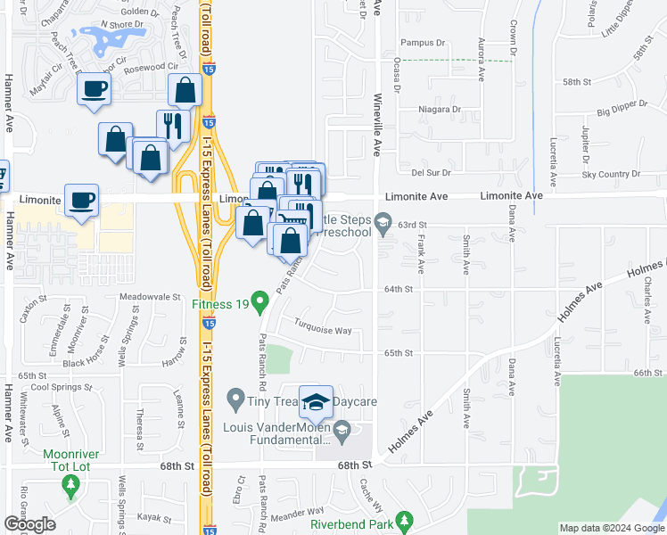 map of restaurants, bars, coffee shops, grocery stores, and more near 11910 Sunstone Court in Jurupa Valley