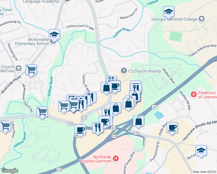 map of restaurants, bars, coffee shops, grocery stores, and more near 609 Greenvale Road Northwest in Lawrenceville