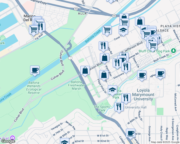 map of restaurants, bars, coffee shops, grocery stores, and more near 5625 Crescent Park West in Los Angeles