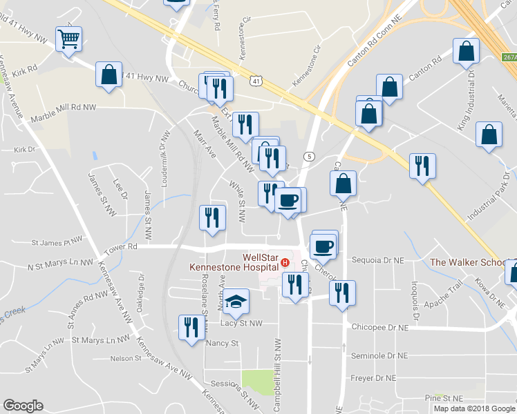 map of restaurants, bars, coffee shops, grocery stores, and more near 183 Florance Street in Marietta