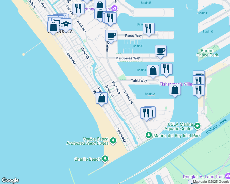 map of restaurants, bars, coffee shops, grocery stores, and more near 129 Outrigger Mall in Marina del Rey