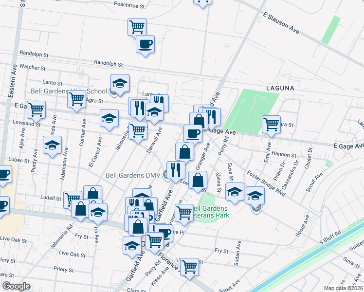 map of restaurants, bars, coffee shops, grocery stores, and more near 6374 Gage Avenue in Bell Gardens