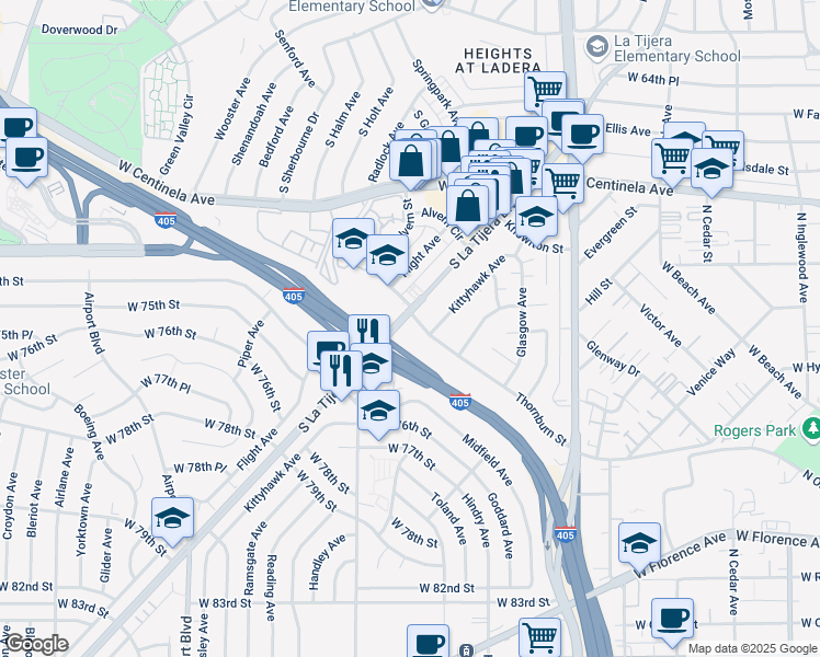 map of restaurants, bars, coffee shops, grocery stores, and more near 5522 Thornburn Street in Los Angeles