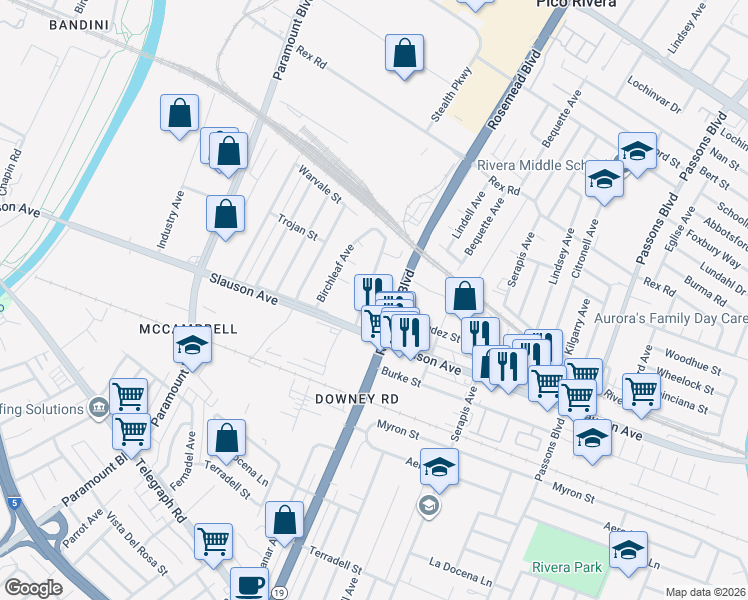 map of restaurants, bars, coffee shops, grocery stores, and more near 7732 Manzanar Avenue in Pico Rivera