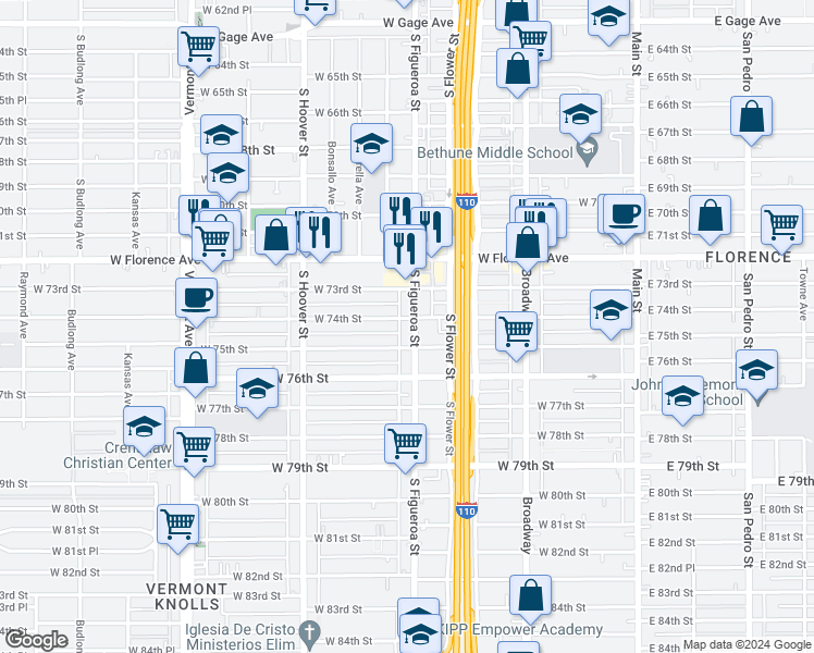 map of restaurants, bars, coffee shops, grocery stores, and more near 7407 South Figueroa Street in Los Angeles