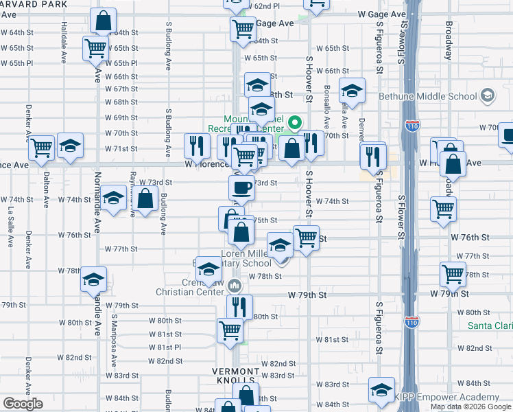 map of restaurants, bars, coffee shops, grocery stores, and more near 921 West 75th Street in Los Angeles