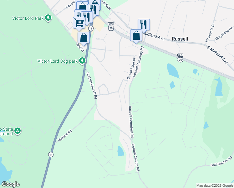 map of restaurants, bars, coffee shops, grocery stores, and more near 379 Searchlight Drive in Winder