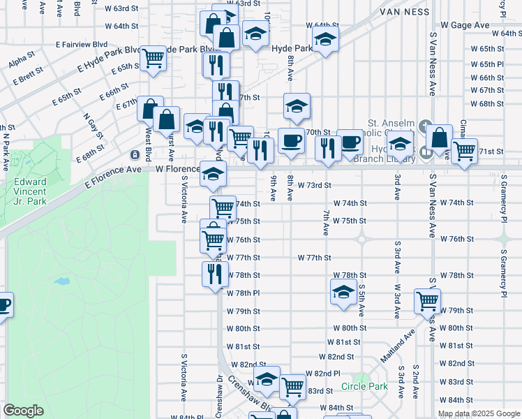 map of restaurants, bars, coffee shops, grocery stores, and more near 3154 West 74th Street in Los Angeles