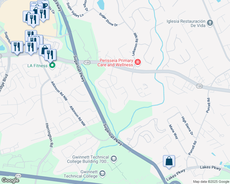 map of restaurants, bars, coffee shops, grocery stores, and more near 2080 Racquet Club Circle Northwest in Lawrenceville