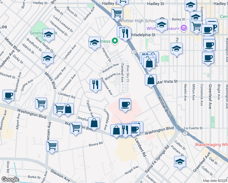 map of restaurants, bars, coffee shops, grocery stores, and more near 12379 Primrose Avenue in Whittier