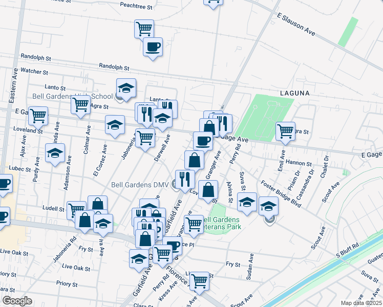 map of restaurants, bars, coffee shops, grocery stores, and more near 6374 Gage Avenue in Bell Gardens