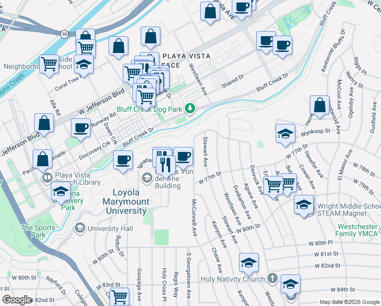 map of restaurants, bars, coffee shops, grocery stores, and more near 7530 McConnell Avenue in Los Angeles