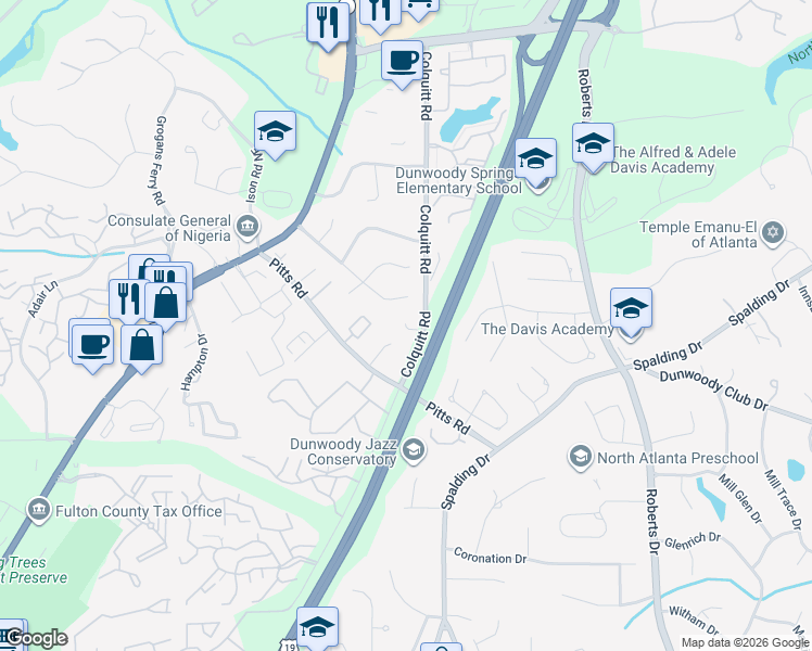 map of restaurants, bars, coffee shops, grocery stores, and more near 7930 Colquitt Road in Atlanta