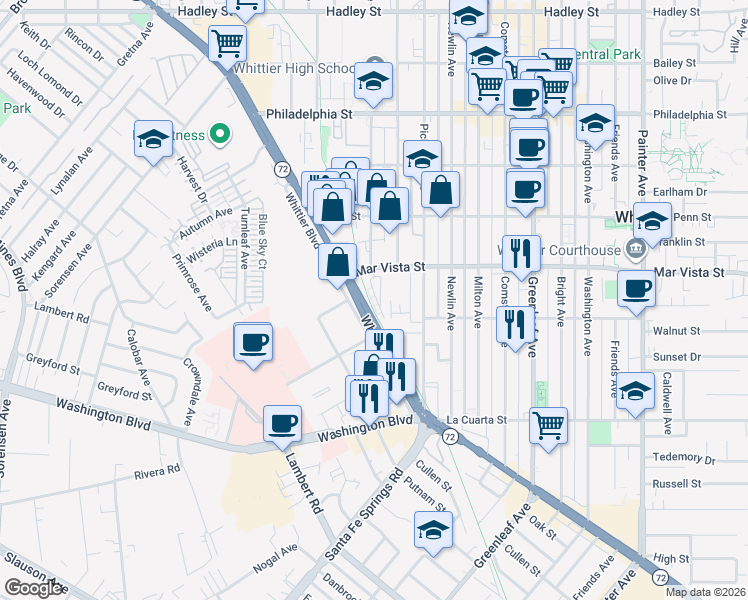 map of restaurants, bars, coffee shops, grocery stores, and more near 12438 Amesbury Circle in Whittier