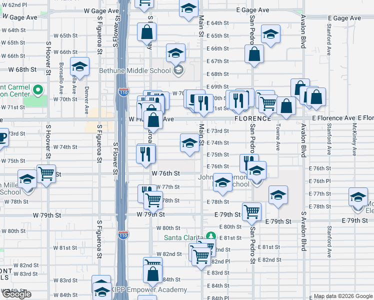map of restaurants, bars, coffee shops, grocery stores, and more near 127 West 75th Street in Los Angeles