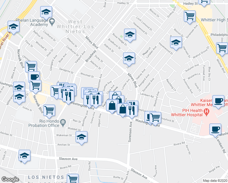 map of restaurants, bars, coffee shops, grocery stores, and more near 7829 Chatfield Avenue in Whittier