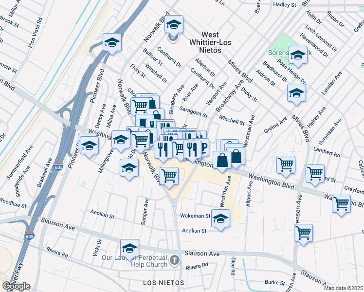map of restaurants, bars, coffee shops, grocery stores, and more near 7914 Duchess Drive in Whittier