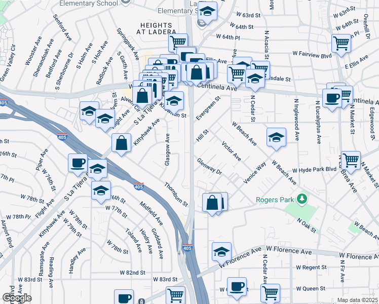 map of restaurants, bars, coffee shops, grocery stores, and more near 7055 South La Cienega Boulevard in Los Angeles