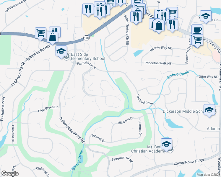 map of restaurants, bars, coffee shops, grocery stores, and more near 4069 Audubon Drive in Marietta
