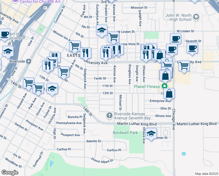 map of restaurants, bars, coffee shops, grocery stores, and more near 2158 11th Street in Riverside