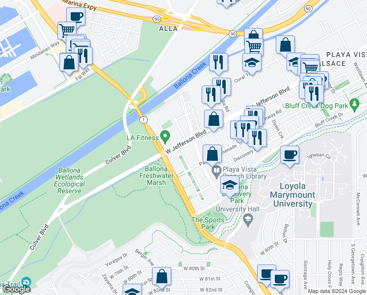 map of restaurants, bars, coffee shops, grocery stores, and more near in Los Angeles