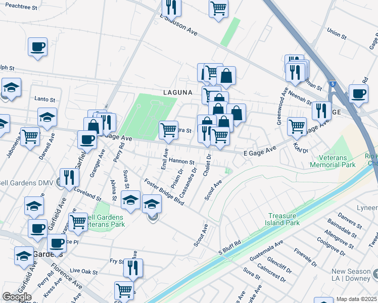 map of restaurants, bars, coffee shops, grocery stores, and more near 6771 Hannon Street in Bell Gardens