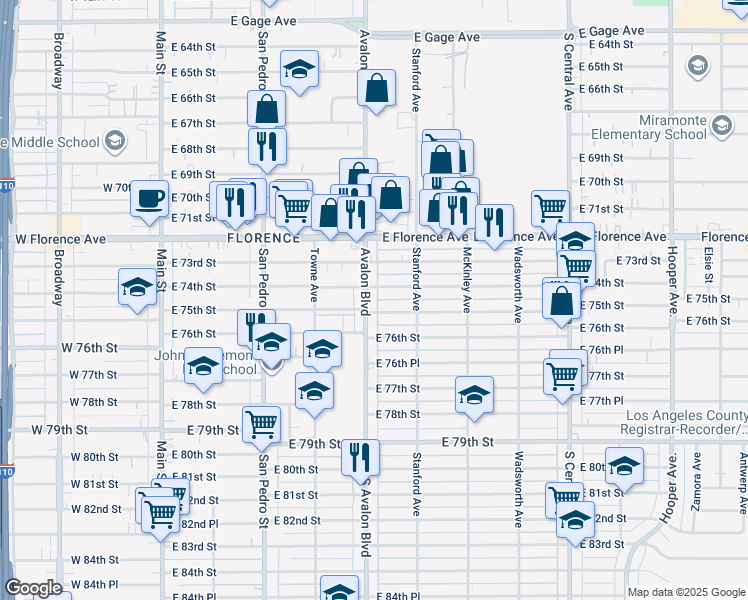 map of restaurants, bars, coffee shops, grocery stores, and more near 614 East 75th Street in Los Angeles