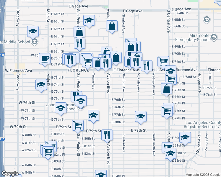 map of restaurants, bars, coffee shops, grocery stores, and more near 614 East 75th Street in Los Angeles