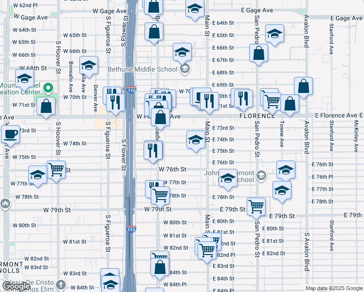 map of restaurants, bars, coffee shops, grocery stores, and more near 211 West 75th Street in Los Angeles