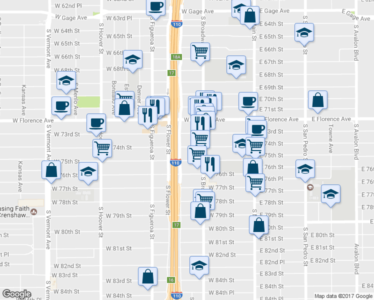 map of restaurants, bars, coffee shops, grocery stores, and more near 331 West 75th Street in Los Angeles