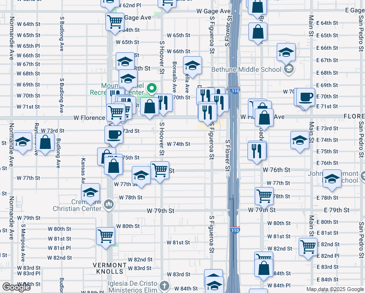map of restaurants, bars, coffee shops, grocery stores, and more near 701 West 75th Street in Los Angeles