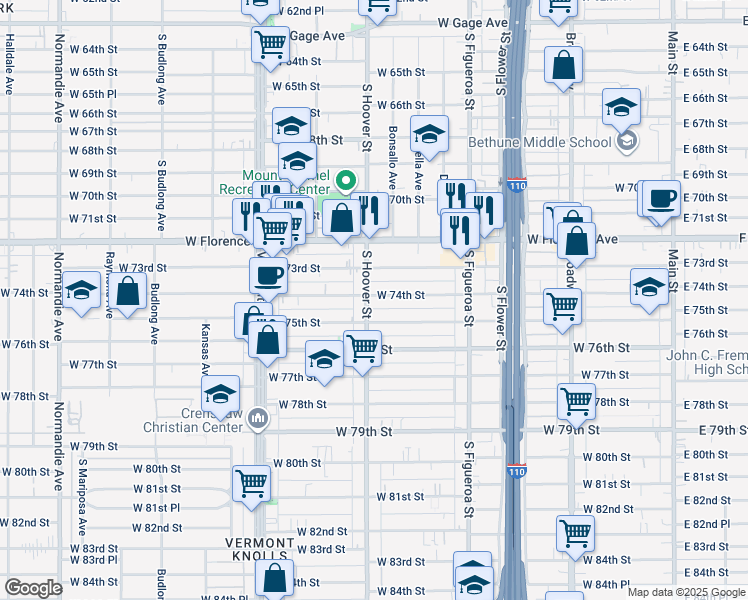 map of restaurants, bars, coffee shops, grocery stores, and more near 7420 South Hoover Street in Los Angeles