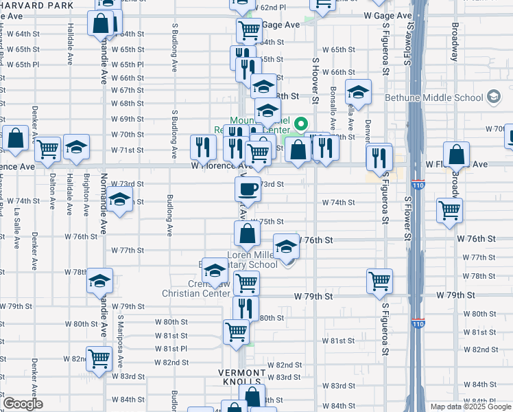 map of restaurants, bars, coffee shops, grocery stores, and more near 7422 Vermont Avenue in Los Angeles
