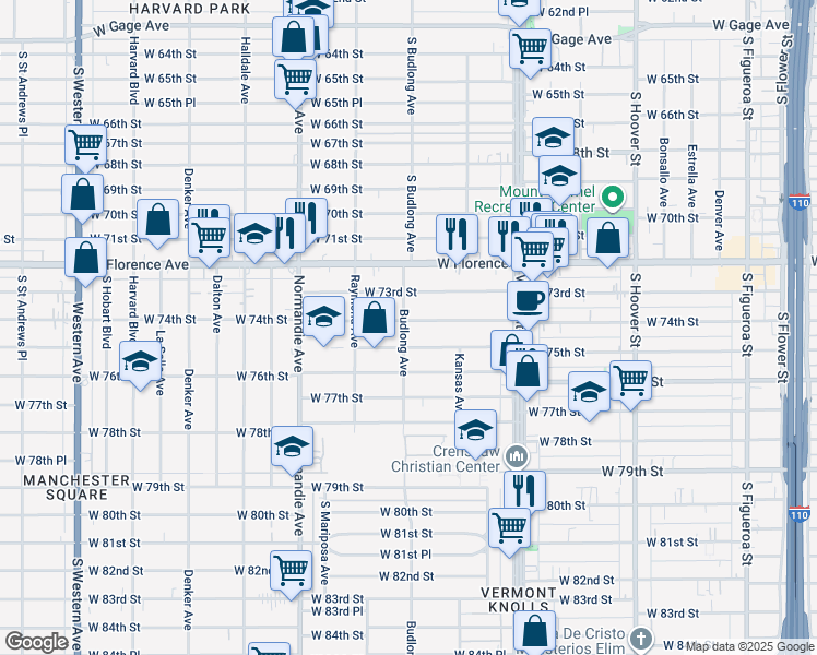 map of restaurants, bars, coffee shops, grocery stores, and more near 1157 West 75th Street in Los Angeles