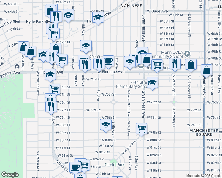 map of restaurants, bars, coffee shops, grocery stores, and more near 2623 West 75th Street in Los Angeles