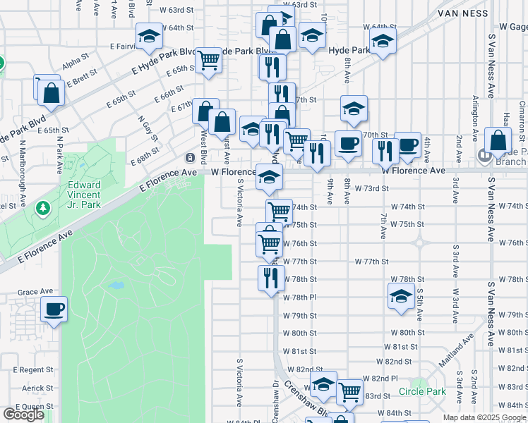 map of restaurants, bars, coffee shops, grocery stores, and more near 3429 West 75th Street in Los Angeles