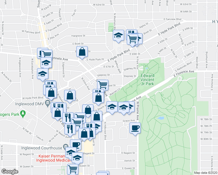 map of restaurants, bars, coffee shops, grocery stores, and more near 410 Centinela Avenue in Inglewood